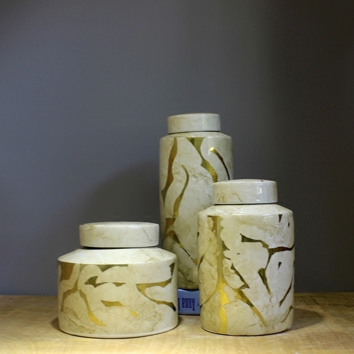 新中式家居装饰现代中式大理石纹陶瓷罐三件套客厅酒柜装饰品摆件