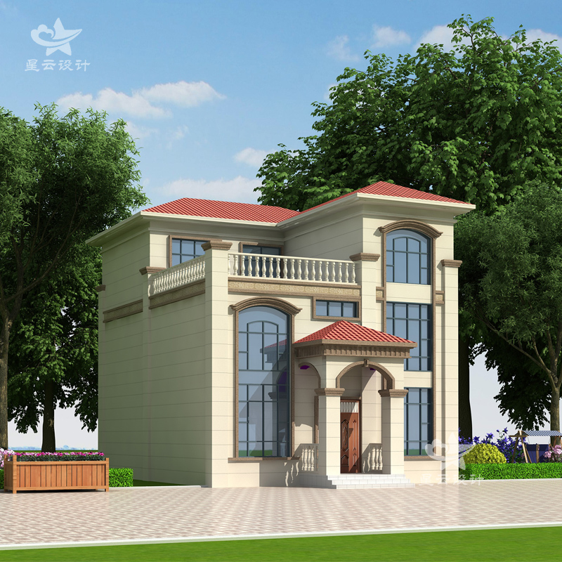 新中式农村自建房别墅设计施工图纸平顶大露台二层半小洋楼效果图