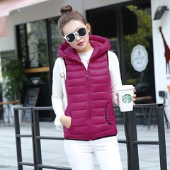 冬季新款韩版时尚无袖连帽纯色棉衣女短款修身背心马甲棉服外套