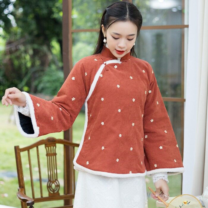 2021冬装新款中式复古民国风大码宽松加厚灯芯绒绣花加棉棉衣棉服