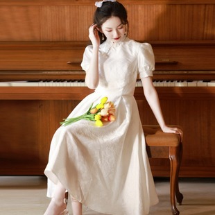 新中式复古民国风改良旗袍高腰显瘦仙女裙白色旅行结婚登记领证裙