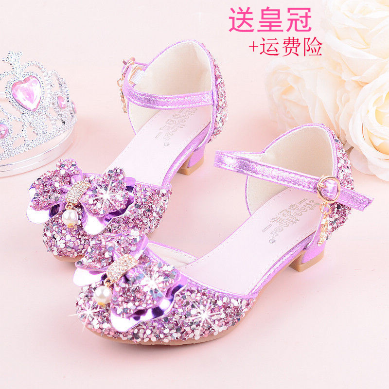 女童高跟鞋韩版公主凉鞋儿童银色模特表演蝴蝶结水晶单鞋新品紫色