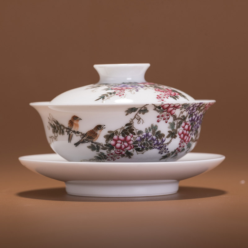 青年陶瓷艺术家 陈慕青作品 珐琅彩三才花鸟盖碗