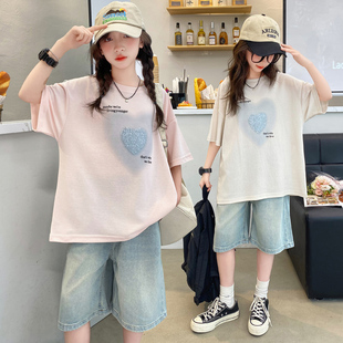 女童夏季套装2024新款时髦洋气韩版印花短袖牛仔短裤两件套中大童