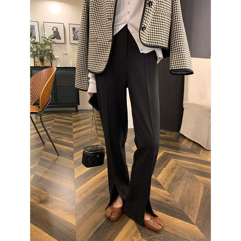 a7seven春秋黑色西装裤女直筒高腰垂坠感开叉微喇休闲拖地阔腿裤