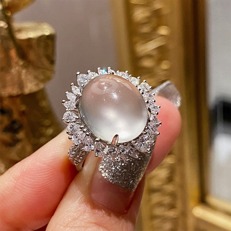 翡翠蛋面戒指_vising珠宝原创天然水沫玉冰种鸽子蛋925银戒指玻璃种