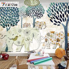 3d儿童房墙纸男女孩卧室壁纸大型壁画墙布幼儿园卡通大象动物