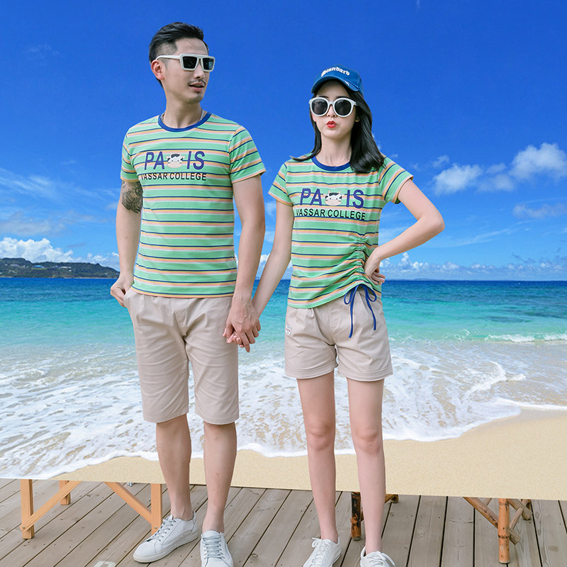网红沙滩三亚拍照情侣装春夏装海边度假短袖t恤2022新款潮流套装