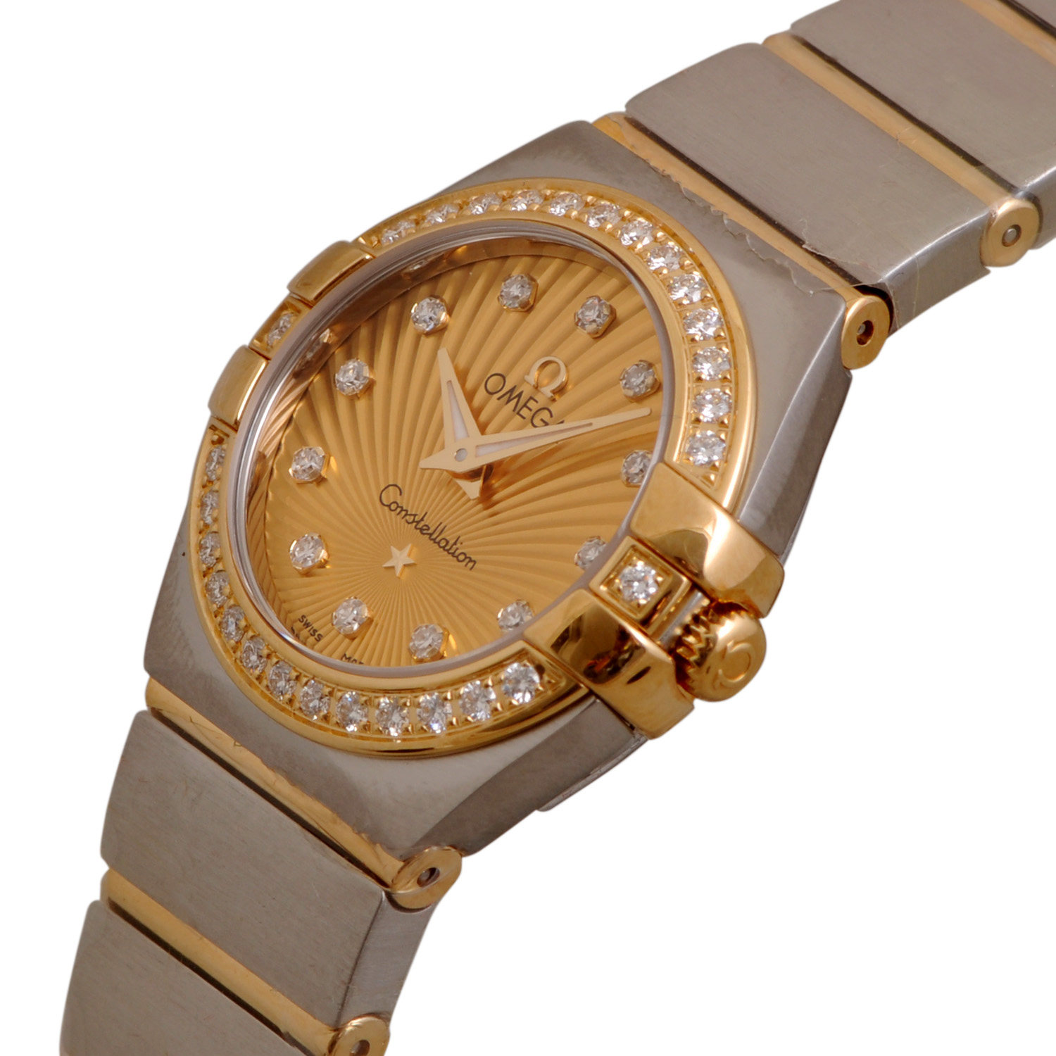 欧米茄omega-星座系列 镶钻香槟金表盘女士石英表