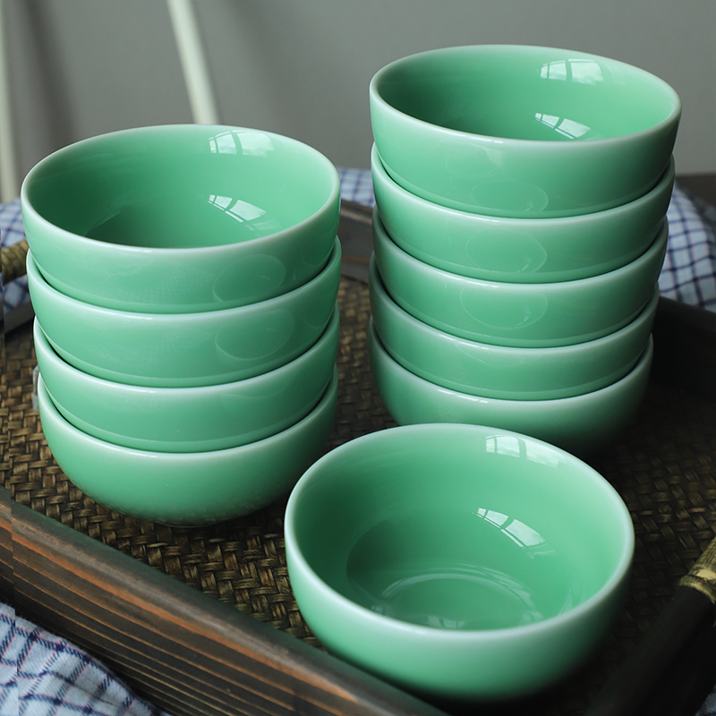 陶瓷碗家用龙泉青瓷纯色米饭碗4.5英寸简约素色小圆碗微波炉适用