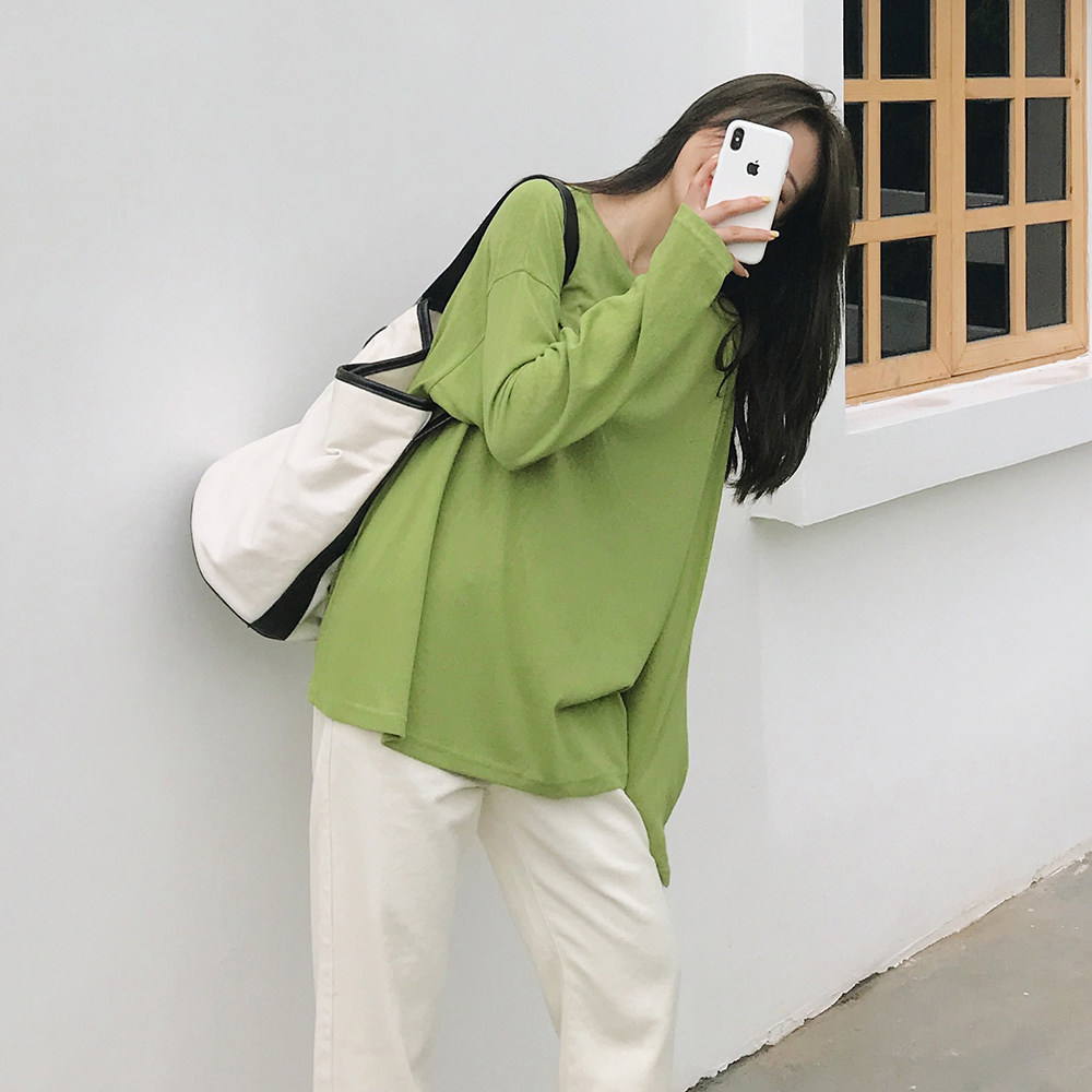 蔷薇大码牛油果绿t恤长袖打底针织衫女秋装薄款中长款上衣宽松优惠券