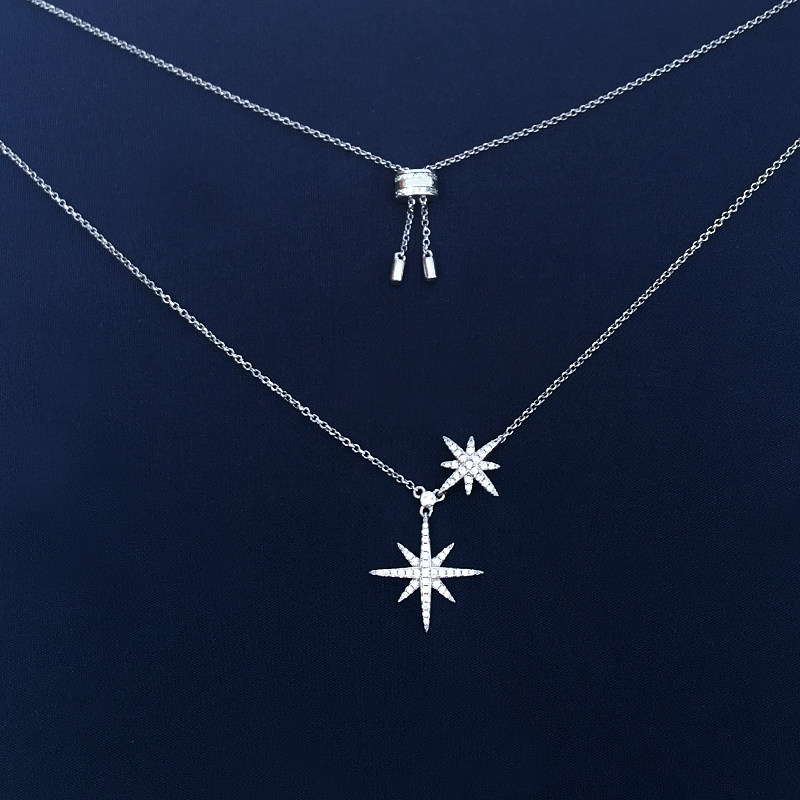 纯银项链女 925银双流星米字星星微镶锆石锁骨链颈链中长毛衣链