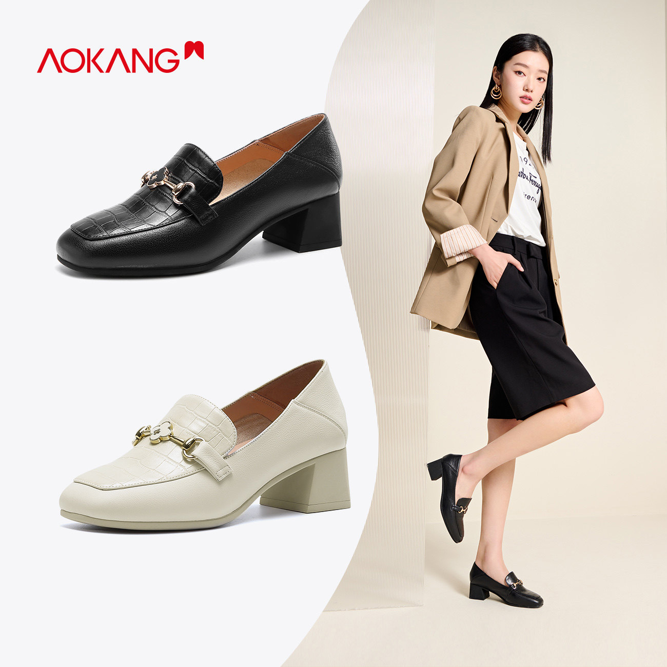 奥康2022春季新款英伦小皮鞋女真皮法式粗跟通勤单鞋黑色工作鞋子