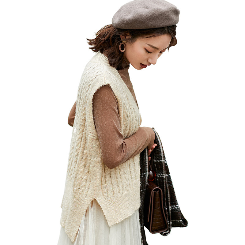 缪佳2019秋季新款百搭针织纯色韩版休闲高弹无袖v领毛衣背心女潮