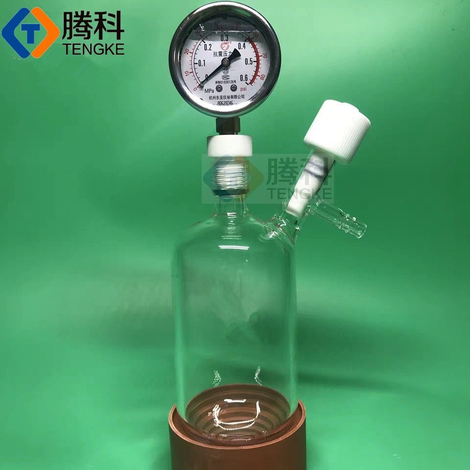 高真空厚壁耐压瓶带压力表烧瓶耐压瓶烧瓶腾科精品玻璃烧瓶器皿