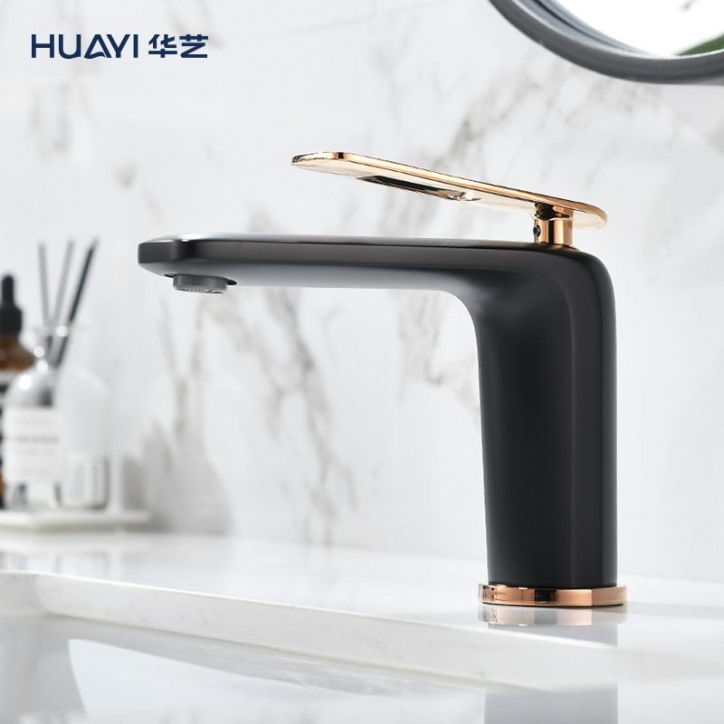 华艺卫浴黑色面盆龙头卫生间浴室洗脸洗手盆台上盆全铜冷热水龙头