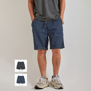 复古条纹短裤男士夏季宽松工装牛仔五分裤设计感日系复古休闲中裤