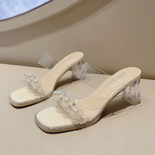 水晶拖鞋女2024新款百搭仙女风法式小凉拖外穿坡跟粗跟透明高跟鞋