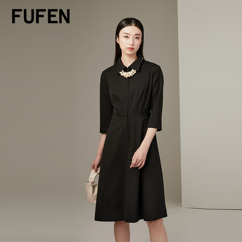 fufen女装旗舰店的优惠券大全—fufen福芬秋季新款连衣裙黑色显瘦圆领