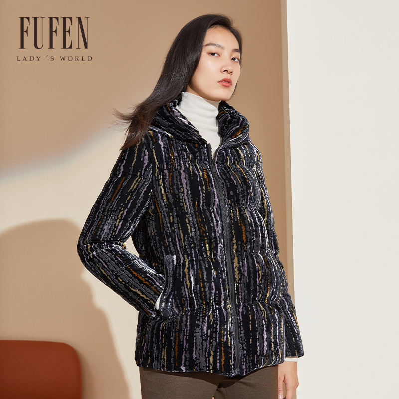 fufen福芬冬季新款羽绒服女印花宽松显瘦连帽面包服yr-14220