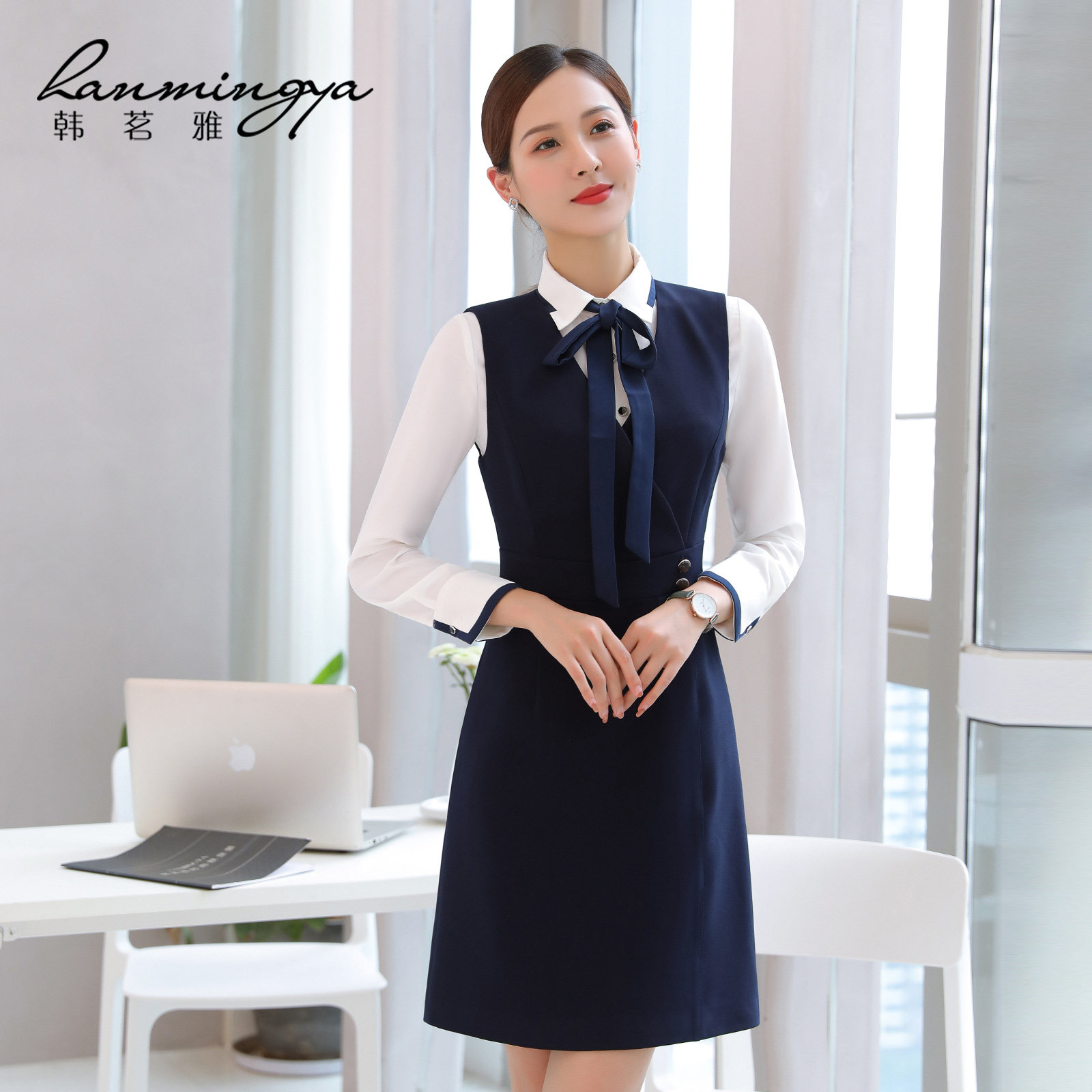 韩茗雅职业连衣裙套裙女时尚气质幼儿园教师工作服套装前台工装春