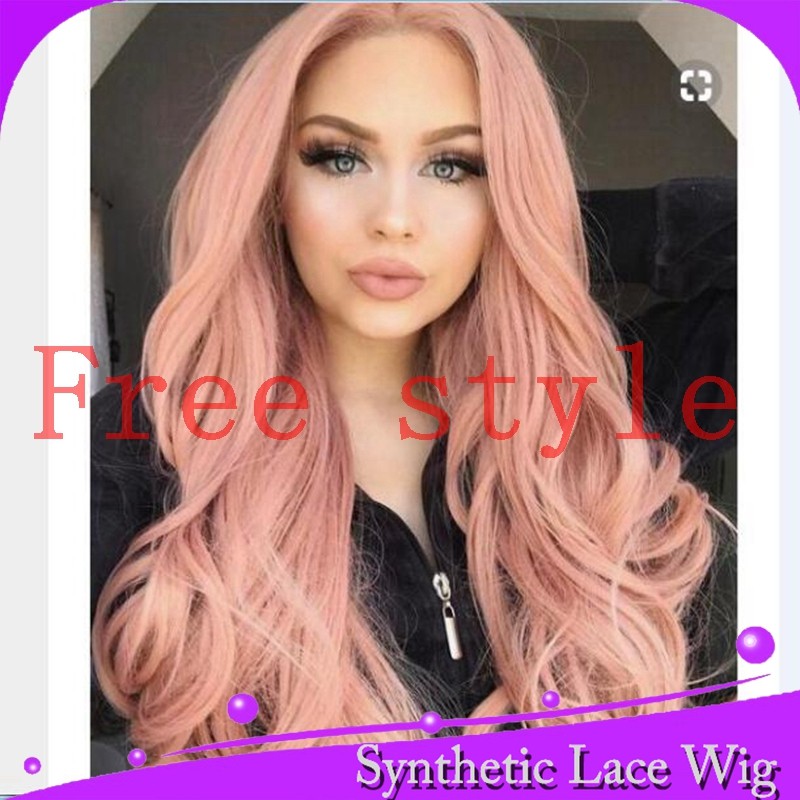 烟粉色大卷wavy synthetic front lace wig60厘米高温丝蕾丝假发