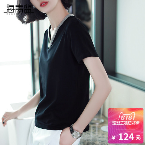 海青蓝2018夏季新款时尚V领短袖上衣白色宽松百搭T恤女装潮01406