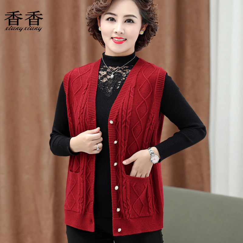 中老年马甲女士春秋外套妈妈装背心开衫外穿针织短款坎肩毛衣马夹