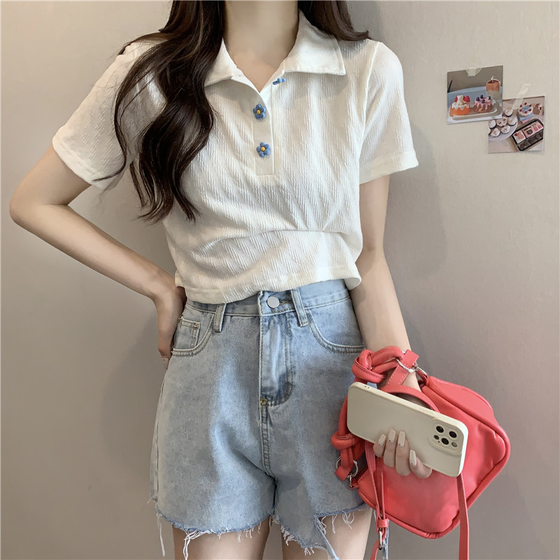 PF19279#polo领正肩短袖T恤女裝貨源服裝批發