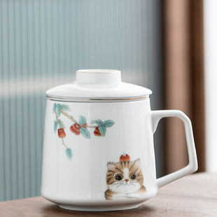 招财猫陶瓷马克杯家用办公室大容量泡茶杯子茶水分离带盖过滤定制