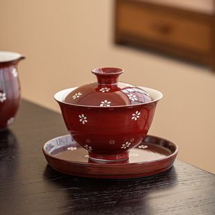 手绘山楂红单个盖碗茶杯家用功夫陶瓷带盖女士泡茶器三才茶碗套装