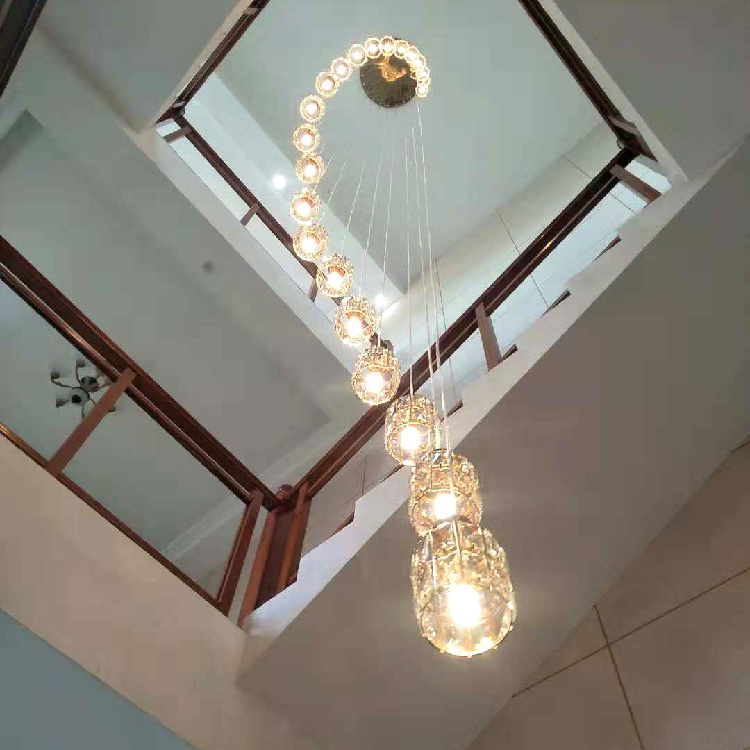 别墅轻奢金色水晶楼梯吊灯长吊灯简约欧式楼梯间复式楼梯灯旋转——瑞