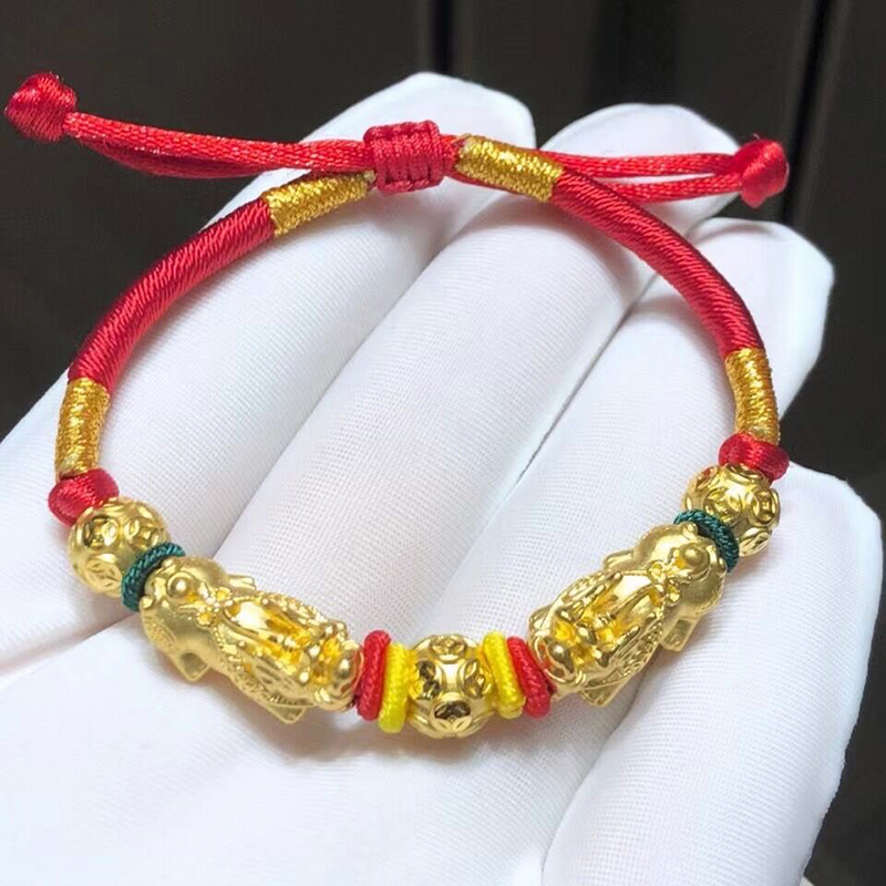 貔恘貔貅手链男女款红绳黄金转运珠纯金皮丘编织情侣本命足金手绳