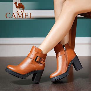 希臘買burberry Camel 駱駝短靴 時尚優雅 2020冬新款 頭層油臘牛皮圓頭高跟女靴 burberry粉