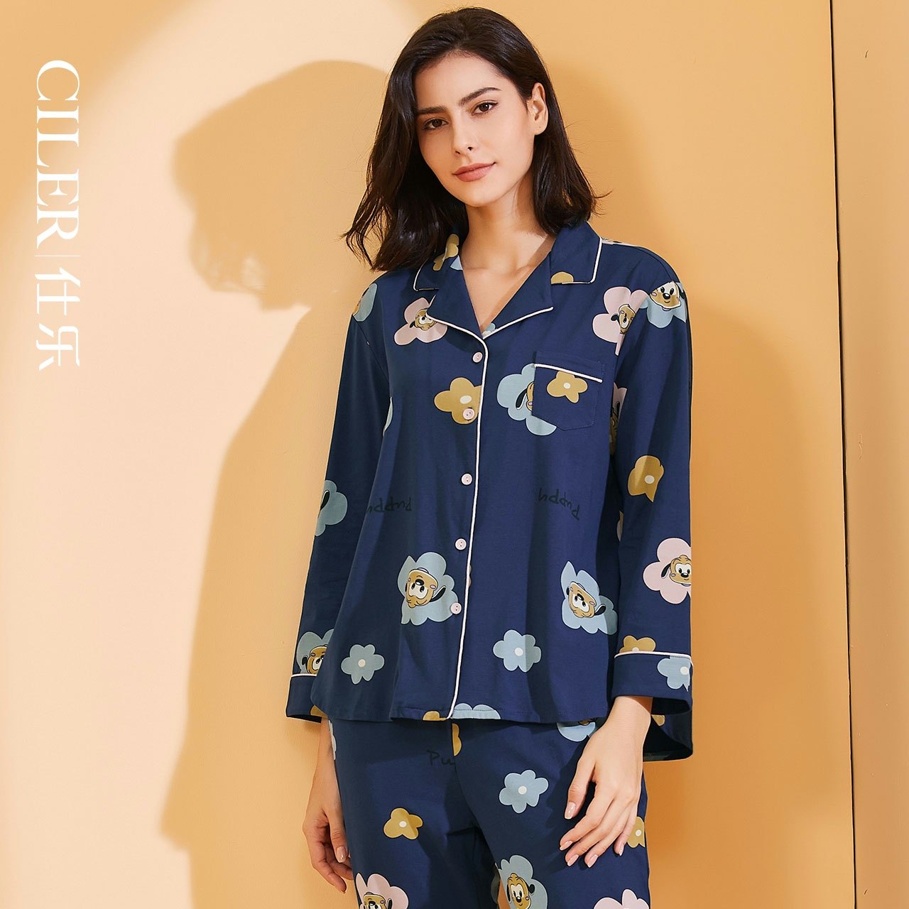 仕乐女士春秋卡通印花家居服棉质柔软舒适薄款青年睡衣套装可外穿