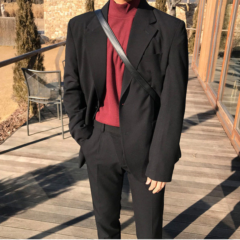 港风西装外套男士修身新款休闲学生黑