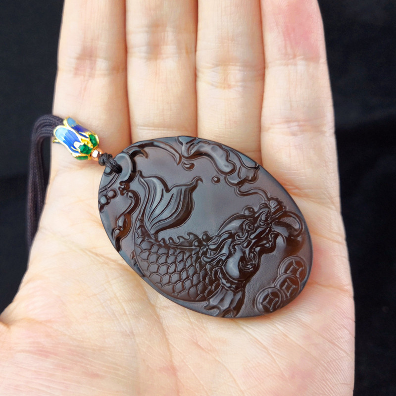 道家开光天然高冰种黑曜石吊坠龙鱼螭吻项坠旺学业五行缺水补水灵