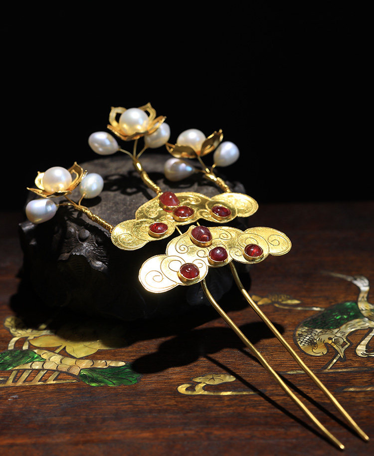 上元纯银花丝镶创汇期老红宝石珍珠莲花双钗发簪钗子簪子a303
