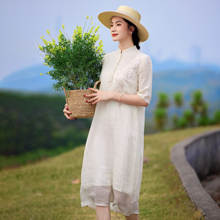 文艺复古高端苎麻改良旗袍连衣裙刺绣中国风禅意女装棉麻茶服女夏