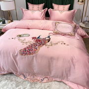 European-style embroidery four-piece wedding pink high-end atmosphere sateen cotton pure cotton wedding room new wedding bedding