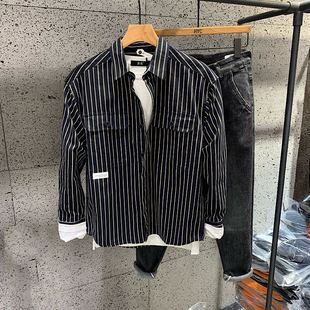 2021秋季新品竖条纹长袖衬衣男日系简约打底衬衫韩版休闲外穿外套