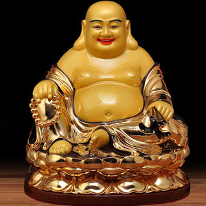 全铜24k鎏金弥勒佛像摆件招财家居客厅佛堂供奉笑佛像大肚弥勒佛