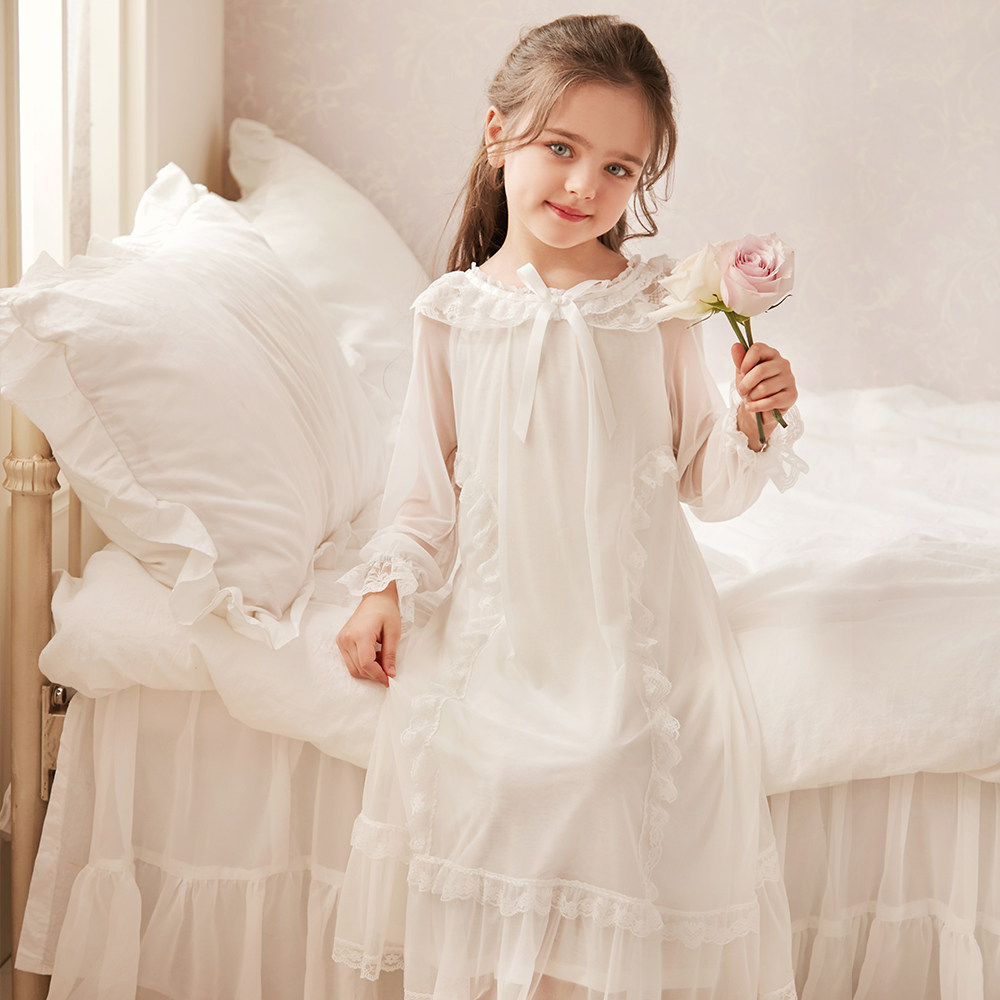 rosetree女童公主睡裙春秋薄款长袖儿童宫廷风蕾丝小女孩夏季睡衣