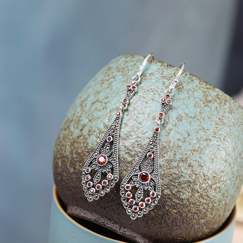 缘贵气时尚s925纯银耳环女复古长款镶嵌马克赛石耳坠银饰民族风