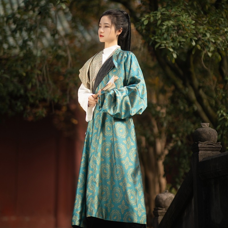 汀兰颂原创唐制汉服正仓院复原款立鸟纹蓝色双层大放量圆领缺胯袍