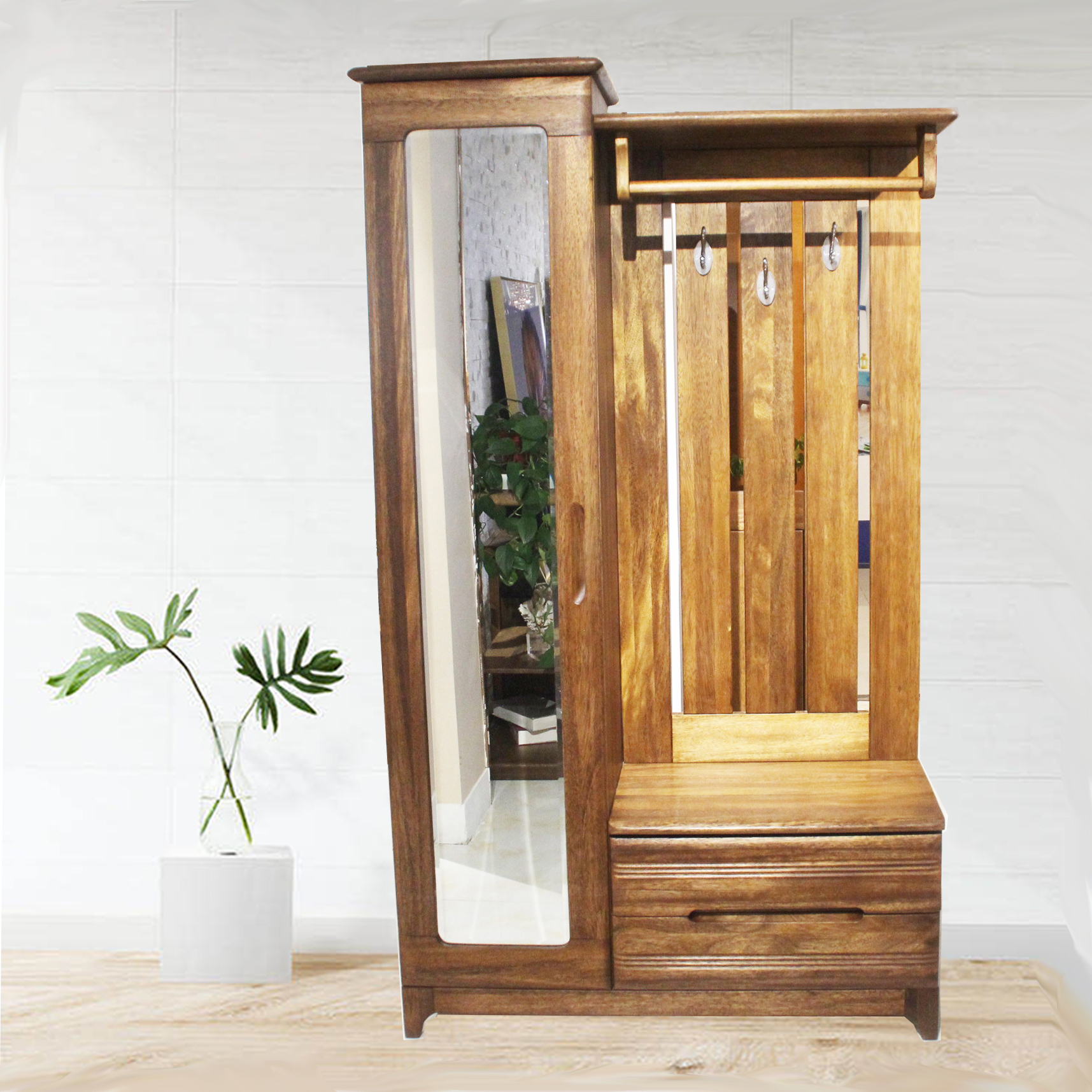 当前热销百分百赤金檀木浅胡桃色衣帽柜门厅鞋柜玄关隔断柜实木镜子挂