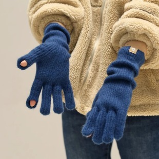 ins加长款羊毛毛线手套女士秋冬季保暖时髦针织五指露二指可触屏