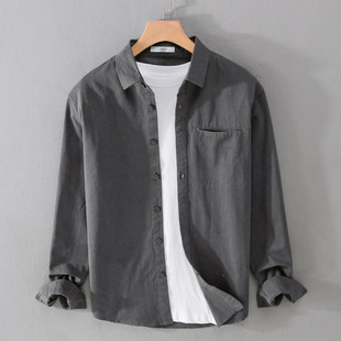 春秋复古工装深色系灰色纯色衬衫外套男潮流时尚休闲宽松长袖衬衣