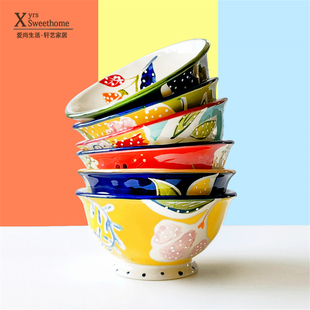 外单手绘陶瓷碗 浮雕高脚碗 美式乡村面碗 釉下彩汤碗 创意花卉碗