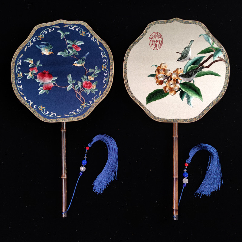 百合型竹制紫竹苏绣宫扇面明清古典中式双面团扇汉服配饰异色异绣